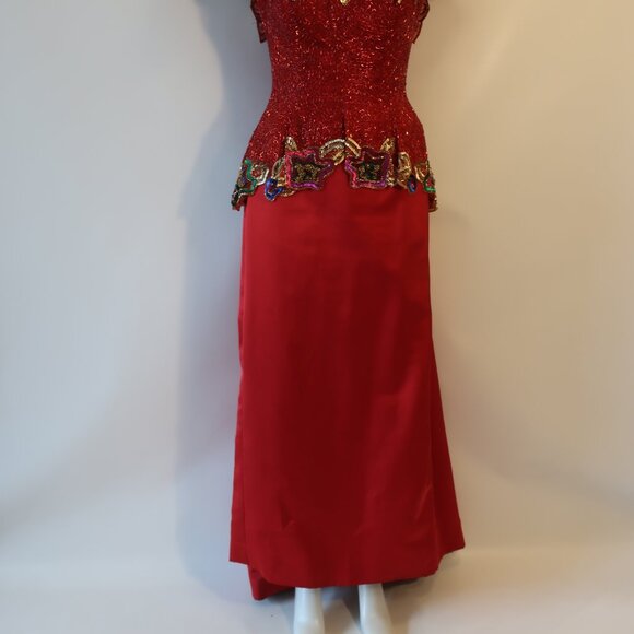 Womens Fabrice Silhouette Red Gold Beads Sequin Silk Satin Formal Gown Dress 10* - Picture 10 of 16